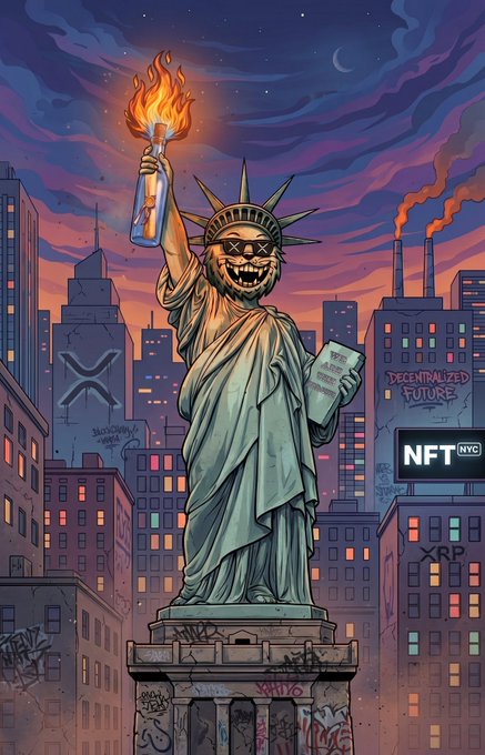 A graffiti-style illustration of the Statue of Liberty with a menacing grin, wearing pixel sunglasses, and holding a flaming torch, surrounded by NYC buildings with text 'NFT NYC', 'DECENTRALIZED FUTURE', and 'XRP'.