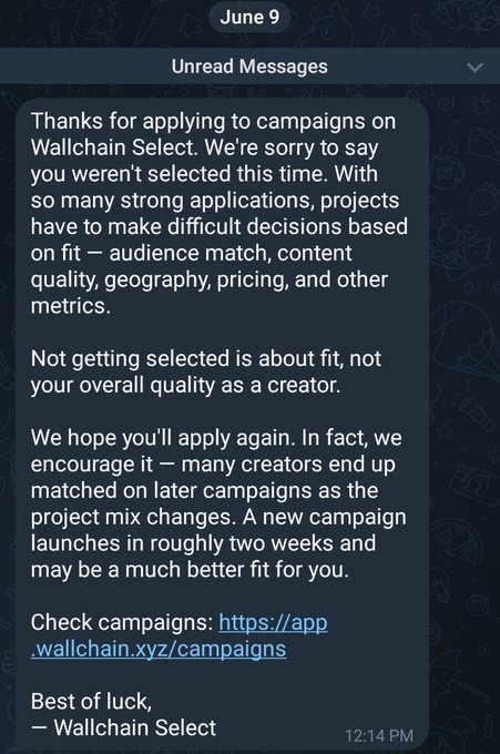 The image shows a screenshot of an email from a person named "Best of Luck, Select" who is offering their services as a KOL for Wallchain. The email contains text that states they are not interested in taking any projects or campaigns if the pay rate is above $1 per hour or so many hours worked. This message implies that the person offering the service has already reached their maximum capacity and is unable to accept any more work at this rate.