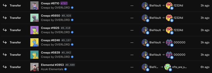 A list of NFT transfers on a blockchain tracker showing Creepz and Elemental NFTs being transferred from the account 'BielVault' to various recipients including 'f2324d' and '000000'.