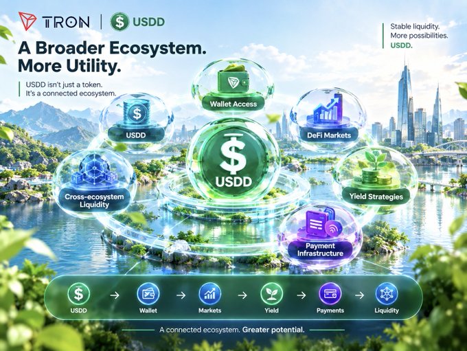 TRON USDD cryptocurrency promotional graphic titled 'A Broader Ecosystem. More Utility.' showing interconnected bubbles representing Wallet, Markets, Yield, Payments, and Liquidity features over a cityscape.