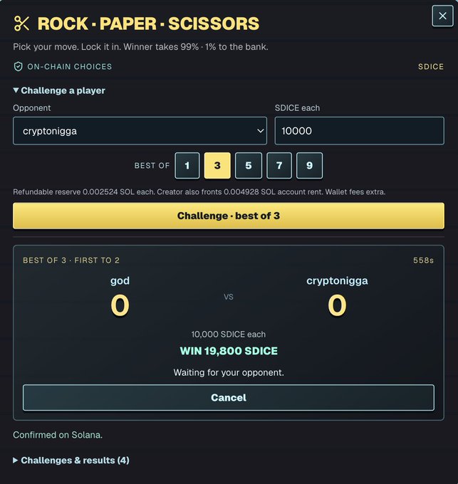 A Rock-Paper-Scissors game interface showing an ongoing best-of-3 match between 'god' and 'cryptonigga' for 10,000 $DICE each, with a potential win of 19,800 $DICE, confirmed on Solana.