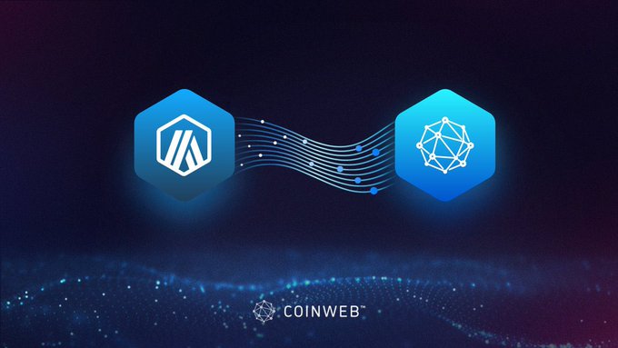 A digital graphic by Coinweb features two glowing blue hexagonal icons connected by flowing light trails—one bearing the Arbitrum logo and the other a geometric network emblem—symbolizing cross-chain interoperability. The visual aligns with the announcement of Pact Swap's Arbitrum integration, illustrating how liquidity and connectivity flow seamlessly between chains.