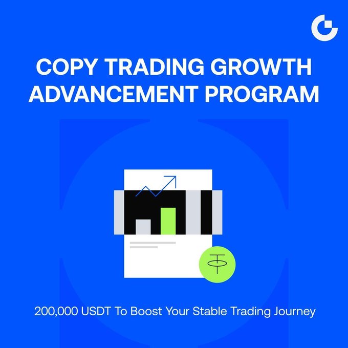 In the image, there's a logo of a blue square that reads "Copy Trading Growth Advancement Program" followed by a green dollar sign with a number on top. The text emphasizes that the program offers 200,000 USDT (currency) in exchange for investing time and effort to reach the program's target goals. This implies that the program is designed to help traders boost their copy trading profits through systematic risk management strategies and other market analysis tools.