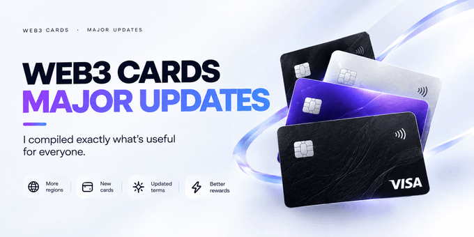 A promotional banner for "WEB3 CARDS MAJOR UPDATES" featuring four stylized Visa credit cards (in black, white, purple, and dark textured finishes) with contactless payment symbols, accompanied by feature icons highlighting "More regions," "New cards," "Updated terms," and "Better rewards" that visually reinforces the post's announcement of regional updates and card service changes from RedotPay and Krak.