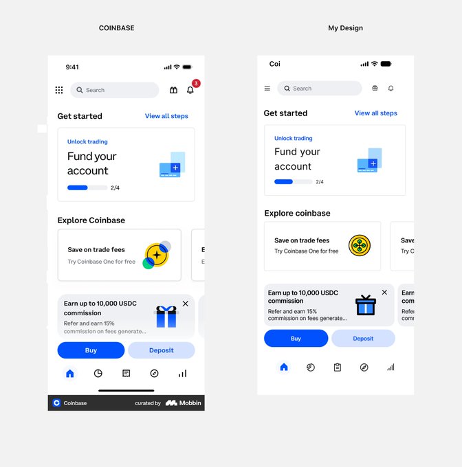 Comparison mockup of Coinbase mobile app design labeled 'COINBASE' and 'My Design', showing similar UI layouts for trading accounts and earning USDC commissions.