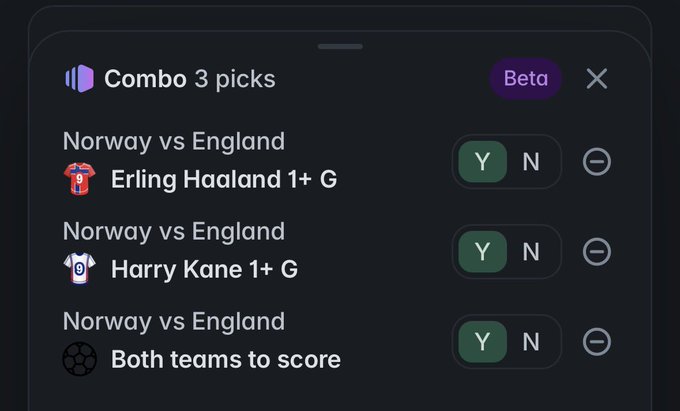 A sports betting combo shows 3 picks for Norway vs England: Erling Haaland 1+ G, Harry Kane 1+ G, and Both teams to score, all with Y/N options.