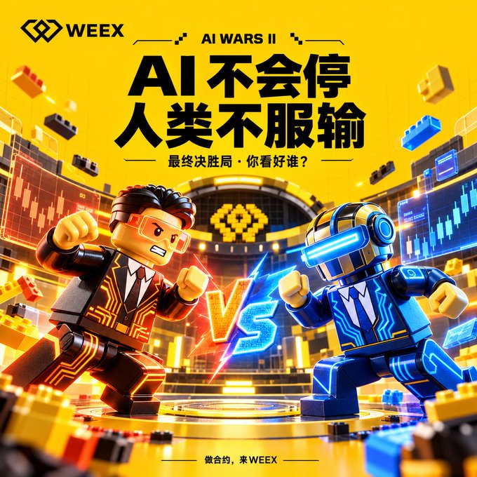 A bright yellow advertisement for 'WEEX AI WARS II' features 3D-rendered characters representing humans and AI in a boxing match with the text 'AI 不会停 人类不服输' (AI won't stop, humans won't concede).