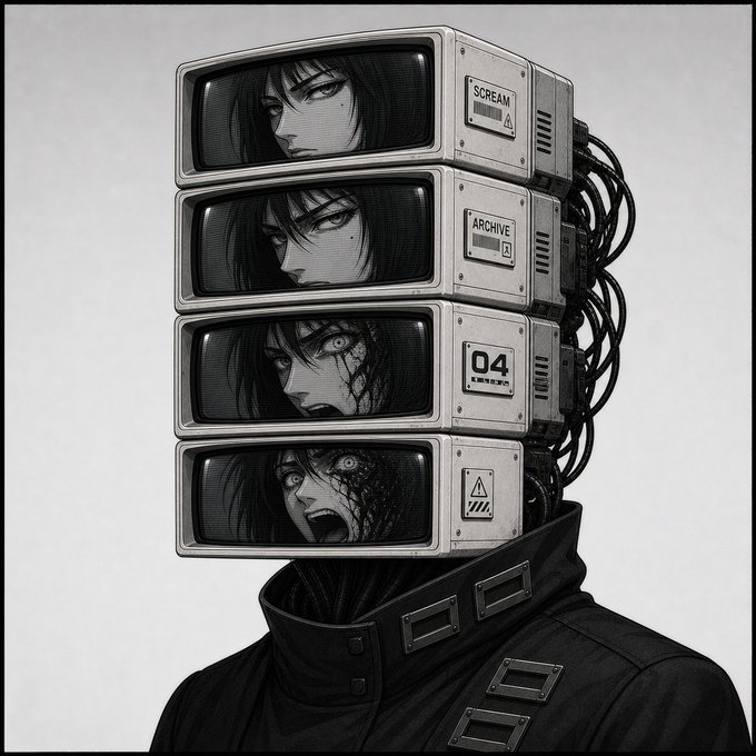A black and white manga-style illustration of a person with a head consisting of four stacked CRT monitors, each displaying increasingly disturbing faces of a woman, with the figure wearing a dark high-collared jacket.