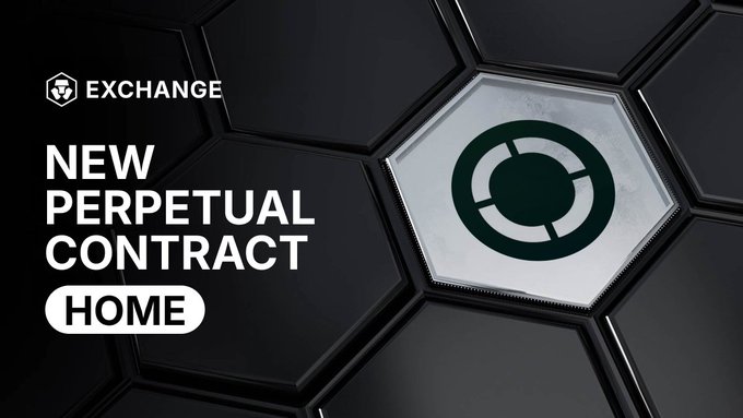A promotional graphic for the Derivatives Exchange featuring a dark hexagonal design with a prominent $HOME logo, announcing the launch of the "NEW PERPETUAL CONTRACT" for $HOME trading. The image complements the post by visually highlighting the new listing alongside key exchange features like the matching engine and trading benefits.