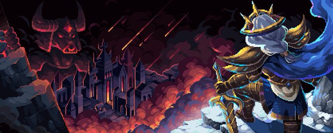 Pixel art illustration of a hooded knight with a sword facing a demonic figure and a dark gothic castle.