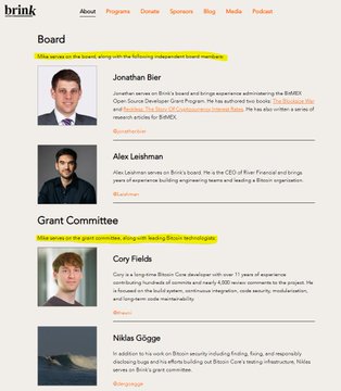 The image shows a Brink company webpage featuring highlighted board members and grant committee members, with yellow underlines emphasizing the phrases "the board" and "the grant committee." The post's criticism about "fake transparency" appears to reference the board and committee selections shown on the page, which include figures like Jonathan Bier, CEO of Brink, and grant committee members Corey Fields and Niklas Koge.