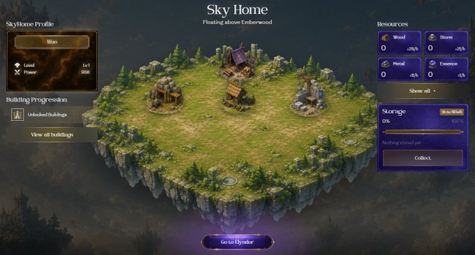 A video game interface showing a 'Sky Home' floating island titled 'Skystone Profile: Wixx' with various buildings, displaying resources like Wood, Stone, Metal, and Essence, along with a 'Go to Hynote' button.