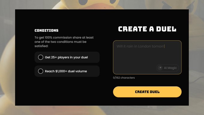 A digital interface titled 'CREATE A DUEL' with conditions for a 110% commission share requiring 25+ players or $1,000+ duel volume, featuring a text box that reads 'Will it rain in London tomorrow'.
