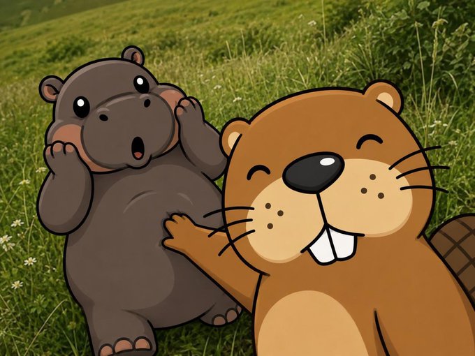 A surprised cartoon hippo and a cheerful cartoon beaver stand together on grass, visually embodying the meme comparison between the viral hippo character Moo Deng and the new beaver mascot Chonketha highlighted in the caption.