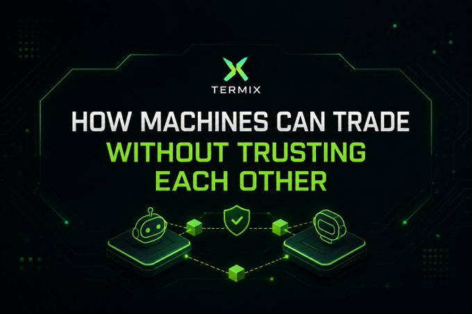 A dark, tech-themed graphic branded with the "Termix" logo features the headline "HOW MACHINES CAN TRADE WITHOUT TRUSTING EACH OTHER," accompanied by icons of AI robots connected to a central shield. This visual reinforces the post's explanation of how AI agents can securely transact using Termix's ERC-8183 escrow standard.