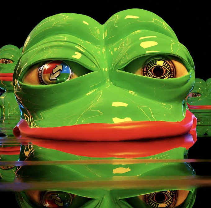 A 3D rendered image of a glossy green frog face with large reflective eyes and bright red lips, reflected in water below.