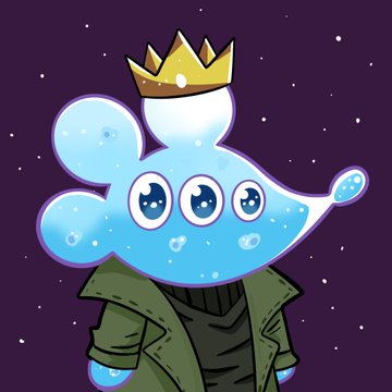 A digital illustration of a translucent blue slime-like creature with three eyes wearing a golden crown and a green jacket, set against a dark starry purple background.