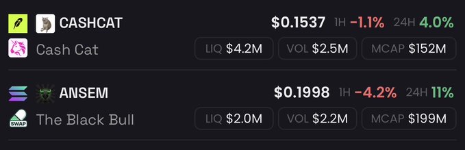 This image shows the current market data for cryptocurrencies CASHCAT and ANSEM, highlighting their prices and market caps. The accompanying post expresses satisfaction with these positions and targets.