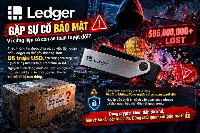 Vietnamese-language warning advertisement for Ledger cryptocurrency hardware wallet featuring a hooded hacker figure with text warning about security issues and '$86,000,000+ LOST'.