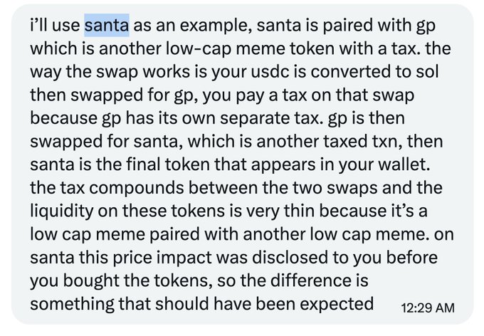 A text message explaining a token swap mechanism, using "santa" as an example, describing how USDC is converted to SOL then swapped for GP (another low-cap meme token with a tax), then swapped for Santa, with compounded taxes due to thin liquidity on low-cap meme pairs.