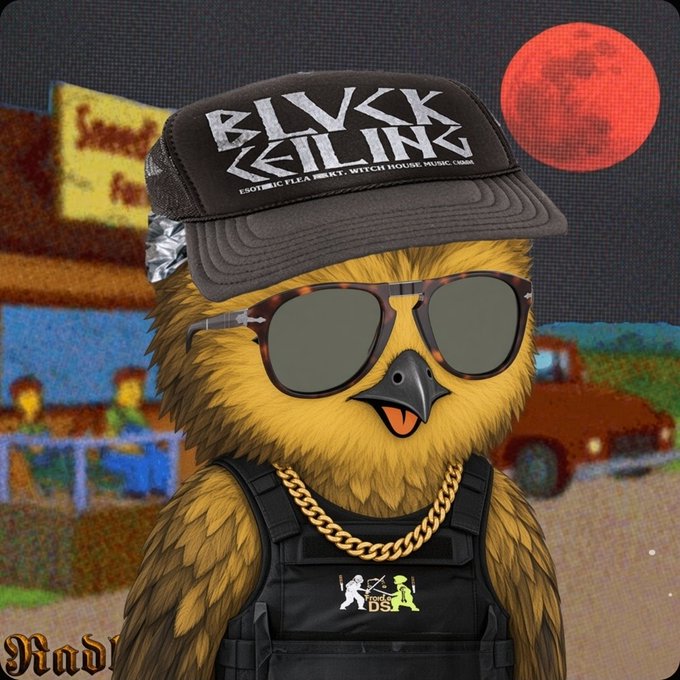 A digital illustration of a yellow bird wearing a black 'BLVCK CEILING' trucker hat, sunglasses with checkered arms, a gold chain, and a black tactical vest, set against a retro pixelated city background with a red moon.