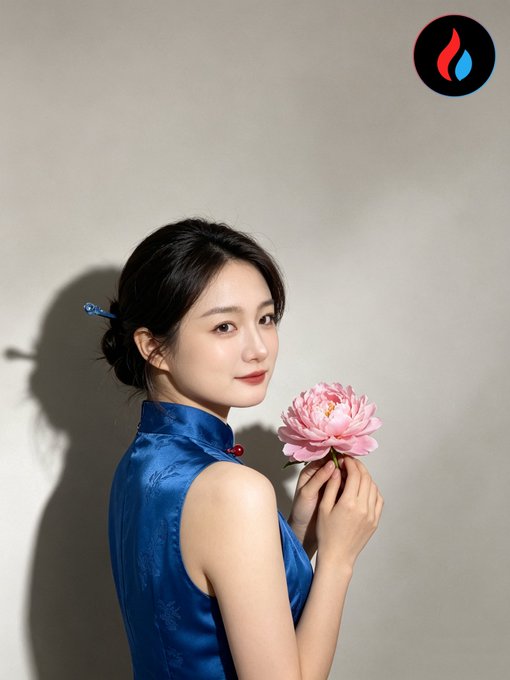 The image features a woman wearing a blue dress, holding a pink flower in her hand. The photo has been edited with a filter that gives it a red hue, which adds a unique touch to the overall appearance of the image. The woman is positioned against a gray background, and there are other people visible in the picture as well. The post appears to be about a person named "HTX DAO" who seems to have an interest in flowers or gardening.