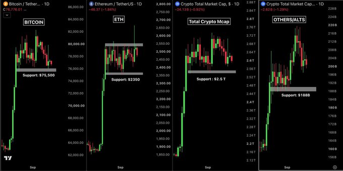 The image displays four daily candlestick charts tracking crypto market performance: Bitcoin (BTC) holding near $76,776 with support at $76,500, Ethereum (ETH) at $2,451.84 with support at $2,350, Total Crypto Market Cap at $2.63T with support at $2.5T, and Others/Alts market cap at $202.8B with support at $188B—all showing recent rejections from higher levels, which visually reinforces the post's warning about Bitcoin failing at $80k and the looming CLARITY Act and FOMC decisions that could drive policy-driven volatility.