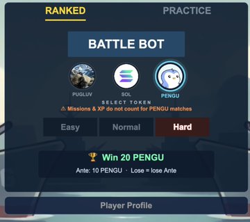 A screenshot of a "BATTLE BOT" game selection screen with difficulty options (Easy, Normal, Hard) and three character choices (PUGLUV, SOL, PENGU), offering to win 20 PENGU tokens.