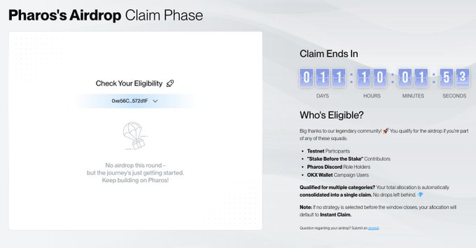 A webpage titled "Pharos's Airdrop Claim Phase" shows "No airdrop this round" with a countdown timer and eligibility information.