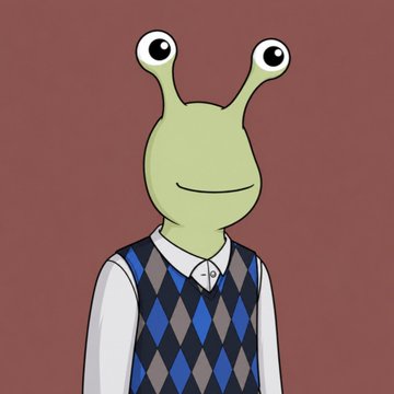 An illustration of a green frog-like cartoon character wearing a blue and gray argyle sweater vest over a white collared shirt, with a slight smile. The image doesn't directly reference the giveaway's specific text, but the friendly mascot likely represents the brand or collection (@anomaliesoneth) offering the 3 GTD spots on the Ethereum chain.