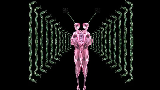 A digital artwork displays a metallic pink humanoid figure with antennae, flanked by symmetrical rows of green serpentine figures against a black background.