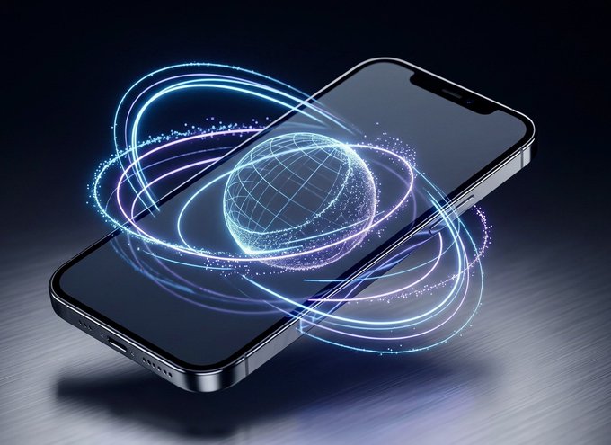 A sleek smartphone lying on a reflective surface with a glowing holographic globe and swirling neon light trails projecting from its screen against a dark background.