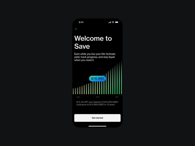 A smartphone screen displays a 'Welcome to Save' interface showing a yield growth chart from $10,000 to $16,980, with text explaining 5.4% APY on USDC savings over 10 years.