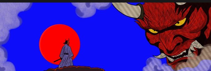 A samurai in traditional robes stands before a red sun, facing a massive red oni (demon) mask with horns and fangs against a blue sky with clouds.