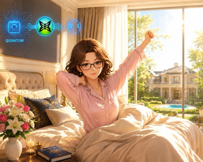 An anime-style illustration of a woman with glasses waking up in a luxurious bedroom, stretching her arms, with a 'QUANTUM' AI logo in the corner.