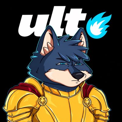An illustration of a wolf-like anthropomorphic character in golden armor with the text 'ult' and a blue flame symbol beside it.