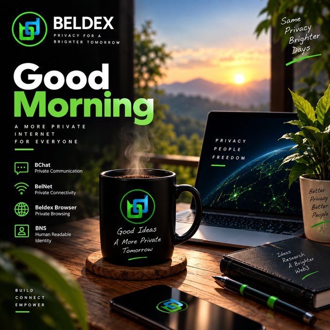 A promotional graphic for 'BELDEX' featuring the text 'Good Morning' and 'A MORE PRIVATE INTERNET FOR EVERYONE,' showing a coffee mug with the logo and a laptop displaying 'PRIVACY PEOPLE FREEDOM' against a sunrise background.