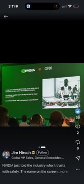 A screenshot of an Instagram post by Jon Hirsch showing a presentation with the text "NVIDIA just said the industry who it trusts with safety. The name on the screen..." featuring the NVIDIA logo and what appears to be a BlackBerry ($BB) slide on a large screen at an event. The image relates to the post's claim about BlackBerry about to "rerate," as it suggests NVIDIA is endorsing or partnering with BlackBerry on safety technology.