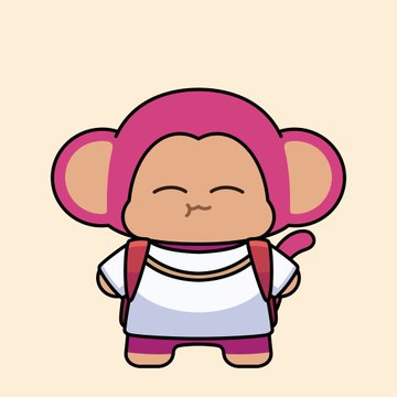 A cute chibi-style cartoon monkey character with pink hair and ears, wearing a white outfit with a backpack, drawn against a cream background.