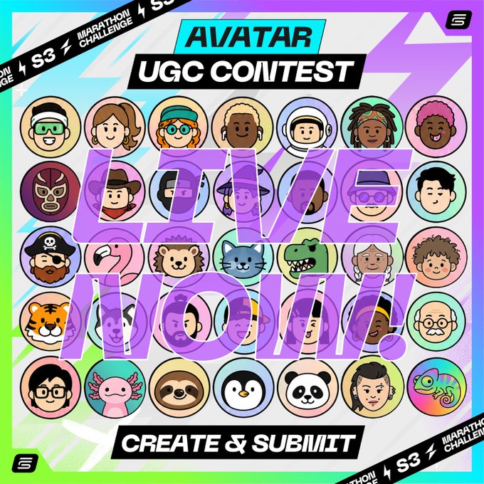 A vibrant promotional graphic announces the "STEPN Marathon S3 UGC Avatar Contest" with the bold purple message "LIVE NOW!" displayed over a grid of diverse cartoon avatar designs, encouraging participants to "CREATE & SUBMIT" their entries. The colorful image features various character and animal avatars in circular frames against a bright gradient background, aligning with the post's announcement that submissions are officially open through the dedicated UGC Event channel.