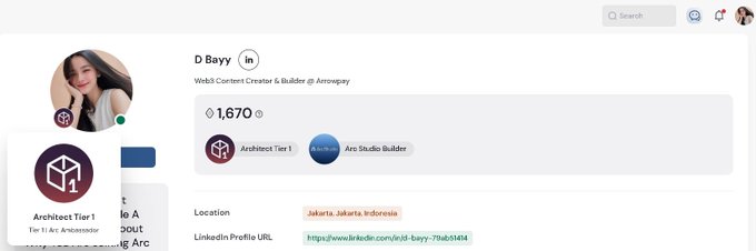A screenshot of a LinkedIn profile for 'D Bayy', a Web3 Content Creator & Builder at Arcopay, showing badges for 'Architect Tier 1' and 'Ars Studio Builder' with a location of Jakarta, Indonesia.