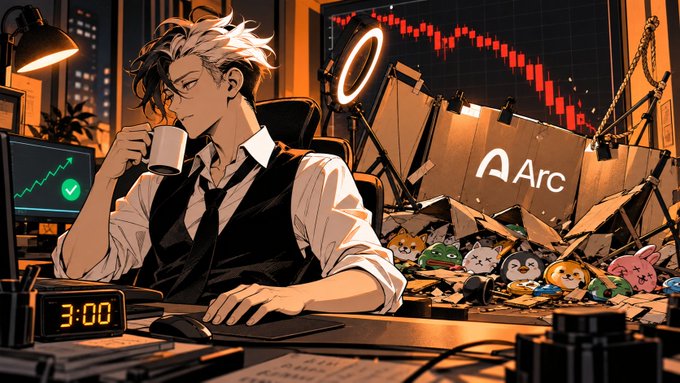 An anime-style illustration of a white-haired man drinking coffee at a desk at 3:00 AM, with a crashing red chart in the background and a box labeled 'Arc' being smashed by various small animal/crypto mascots.
