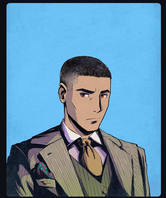 A comic-style digital illustration of a serious-looking man in a pinstripe suit with a tie and patterned pocket square, set against a light blue background.
