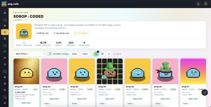 The image shows the png.cafe collection page for "$DROP : CODED" NFT, displaying a floor price of 15.79 XRP, 1,111 supply, 353 holders, and 0 listed, with various pixel-art drops available for purchase. This relates directly to the announcement, as the page demonstrates the new feature allowing users to buy and sell DROP: CODED NFTs directly with $DROP instead of having to convert to XRP first.