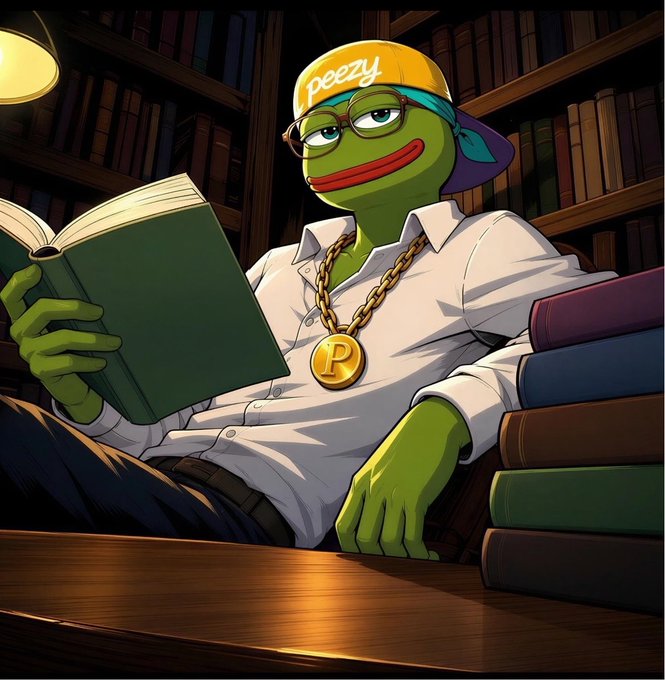 An anime-style illustration of Pepe the Frog wearing a yellow "peezy" cap backwards, glasses, a white shirt, and a gold chain with a "P" medallion, reading a green book in a library.