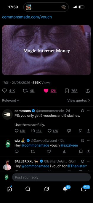 A screenshot of a Twitter/X post from @commonsmade with the caption 'Magic Internet Money' over an image of a chimpanzee, dated 21/08/2026 with 574K views.