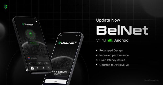 A promotional graphic for the 'BelNet' V1.4.1 Android app update, featuring two smartphone mockups and bullet points for 'Revamped Design' and 'Improved performance'.