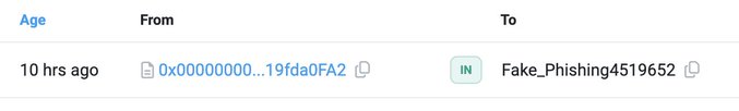 A transaction log showing a transfer from address '0x00000000...19fda0FA2' to 'Fake_Phishing4519652' recorded as 'IN' 10 hours ago.