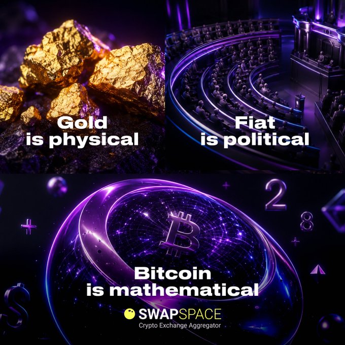 A three-panel graphic comparing forms of money with the text 'Gold is physical' over gold rocks, 'Fiat is political' over a government chamber, and 'Bitcoin is mathematical' over a glowing Bitcoin emblem, branded by SwapSpace Crypto Exchange Aggregator.