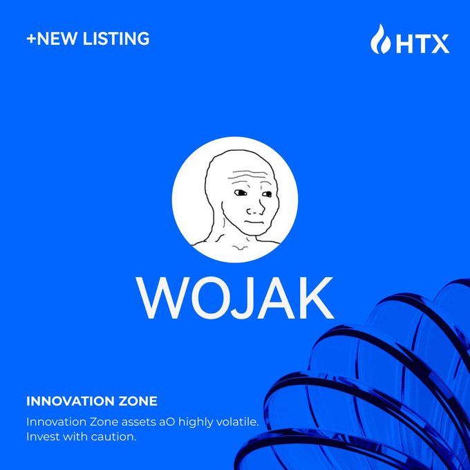 A blue HTX exchange announcement graphic for a new listing, featuring the Wojak meme character's face, the ticker "WOJAK," and a warning that Innovation Zone assets are highly volatile—visually supporting the post's news about Wojak being newly listed on HTX Global.